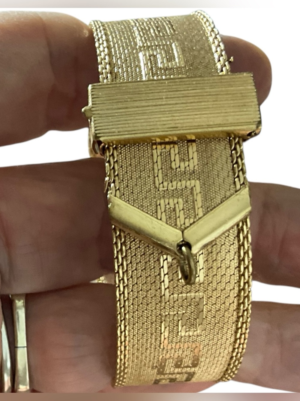 Vintage Gold Tone Greek Key Mesh Bracelet Adjustable Fold Over Clasp